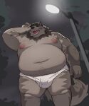 2026 anthro belly big_belly big_moobs biped black_clothing black_hat black_headwear bodily_fluids bulge canid canine canis clothed clothing colored detailed_bulge digital_drawing_(artwork) digital_media_(artwork) fur grey_body grey_fur hair hat headgear headwear hi_res huge_belly kemono male male_anthro mammal mature_anthro moki_(artist) moobs moon multicolored_body multicolored_fur navel night nipples open_mouth outside overweight overweight_anthro overweight_male shaded sky solo street_lamp tail text thick_thighs topless topless_anthro topless_male two_tone_body two_tone_fur wolf