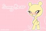  absurd_res anthro artist_name blush eyelashes female fur hi_res looking_at_viewer looking_back looking_back_at_viewer mammal mischievousfox pink_background pink_nose simple_background smile solo standing sunny_bear ursid white_body white_fur yellow_body yellow_fur 