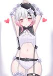  1girl absurdres armpits belt beret black_hat black_ribbon blush breasts commentary_request cowboy_shot detached_sleeves flower frills garter_straps gradient_hair hair_flower hair_ornament hat heart highres icedream looking_at_viewer mahou_shoujo_no_majo_saiban multicolored_hair o-ring o-ring_thigh_strap pink_eyes pink_hair ribbon sakuraba_ema shirt simple_background small_breasts solo stomach straight-on thigh_strap two-tone_hair white_background white_flower white_hair white_shirt x_hair_ornament 
