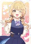  1girl ;d absurdres blonde_hair blue_overskirt blue_ribbon blue_skirt blue_vest blush bow bowtie braid commentary_request dress_shirt e_wo_kaku_zou fang fujita_kotone gakuen_idolmaster hatsuboshi_gakuen_school_uniform highres idolmaster long_hair long_sleeves looking_at_viewer neck_ribbon one_eye_closed plaid_bow plaid_bowtie plaid_clothes pleated_skirt ribbon school_uniform shirt skin_fang skirt skirt_set smile solo star_(symbol) twin_braids vest white_shirt yellow_eyes 
