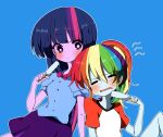  2girls =_= alternate_hairstyle animification blue_background blue_hair blue_shirt blue_skin blunt_bangs blush bow bowtie colored_skin commentary_request food head_on_another's_shoulder holding holding_food holding_popsicle leaning_on_person long_hair looking_at_another lottemkmkd multicolored_hair multiple_girls my_little_pony my_little_pony:_equestria_girls my_little_pony:_friendship_is_magic open_mouth pink_bow pink_bowtie pink_hair ponytail popsicle purple_eyes purple_skirt purple_streaks rainbow_dash rainbow_dash_(equestria_girls) rainbow_hair shirt simple_background sitting skirt streaked_hair sweat twilight_sparkle twilight_sparkle_(human) very_long_hair yuri 