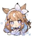  1girl almond_eye_(the_changer)_(umamusume) almond_eye_(umamusume) animal_ears blunt_bangs blush bow_hairband braid brown_hair chibi chibi_only closed_mouth commentary_request cropped_torso dot_nose hairband highres horse_ears horse_girl long_hair looking_at_viewer shirano_akihiro shirt simple_background smile solo sparkle symbol-shaped_pupils twitter_username umamusume white_background white_hairband white_shirt x-shaped_pupils 