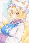  1girl :3 animal_hat arms_under_breasts blonde_hair blue_tabard blush closed_mouth commentary fluffy_tail fox_tail hands_in_opposite_sleeves hat highres kitsune large_tail long_sleeves looking_at_viewer mob_cap multiple_tails smile solo tabard tail touhou traditional_media upper_body watermark wide_sleeves yakumo_ran yellow_eyes yuiki_(cube) 