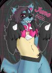 anthro blue_body blue_fur circle_eyebrows claws collar eyebrows eyelashes fangs femboy fur generation_4_pokemon grin hair heart_symbol heterochromia hi_res juno_(junolstr) junolstr long_hair lucario male mischevious name_drop nintendo nonbinary_(lore) oversized_collar pink_eyes pokemon pokemon_(species) pronouns purple_body purple_fur sharp_teeth simple_background smile solo teal_eyes teeth text
