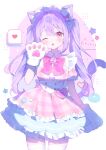  1girl :3 animal_hands blush bow bowtie cat_paws cowboy_shot dress gloves hair_between_eyes heart highres long_hair looking_at_viewer maid maid_headdress one_eye_closed original parted_lips paw_gloves pink_dress pink_eyes plaid_clothes plaid_dress purple_hair red_bow red_bowtie sidelocks smile solo spoken_heart star_(symbol) syunmin_n000 thighhighs twintails twitter_username white_thighhighs zettai_ryouiki 