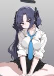  :/ bare_legs black_bra black_skirt blue_archive blue_necktie bra commentary eyes_visible_through_hair gradient_background grey_background halo head_tilt highres long_hair looking_at_viewer necktie purple_eyes purple_hair samsick see-through_clothes see-through_shirt shirt simple_background sitting skirt sleeves_rolled_up soles_together spread_legs underwear white_shirt yuuka_(blue_archive) 