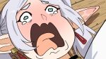  1girl crying_aqua_(meme) earrings elf frieren frieren's_three-day_tantrum grey_hair highres jewelry kono_subarashii_sekai_ni_shukufuku_wo! long_hair long_pointy_ears lying meme on_back open_mouth pointy_ears portrait scene_reference short_eyebrows solo sousou_no_frieren teardrop_earrings tearing_up thick_eyebrows tongue tongue_out twintails wanderjegson wide-eyed wooden_floor 