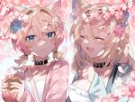  2girls :3 alonekm alternate_costume animal_ears blue_hair cherry_blossoms closed_eyes commentary_request cup dog_ears dog_girl fang flower fuwawa_abyssgard hair_flower hair_ornament highres holding holding_cup hololive hololive_english jacket long_hair mococo_abyssgard multicolored_hair multiple_girls nail_polish open_mouth pink_hair pink_jacket pink_nails shirt short_hair siblings sisters skin_fang smile twins two-tone_hair two_side_up very_long_hair virtual_youtuber white_shirt 