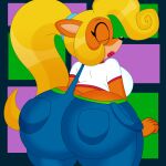  2022 3barts 4k absurd_res accessory activision anthro bandicoot big_breasts big_butt blonde_hair breasts butt butt_cleavage clothing coco_bandicoot crash_bandicoot_(series) curvy_figure digital_media_(artwork) eyelashes eyes_closed female fingers fur hair hair_accessory hair_tie hi_res huge_butt lips long_hair mammal marsupial multicolored_body multicolored_fur orange_body orange_fur overalls ponytail rear_view simple_background smile solo standing tan_body tan_fur thick_thighs two_tone_body two_tone_fur video_games voluptuous wide_hips 