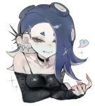  1girl alternate_costume asymmetrical_hair bare_shoulders black_choker black_shirt blue_hair blush breasts cephalopod_eyes choker closed_mouth collarbone commentary_request cropped_torso ear_piercing earrings eyelashes eyeliner fang fang_out finger_heart fingernails hair_over_one_eye half-closed_eyes jewelry long_hair long_sleeves looking_at_viewer makeup medium_breasts multiple_earrings necklace o-ring octarian off-shoulder_shirt off_shoulder piercing red_eyeliner red_eyes shirt shiver_(splatoon) simple_background sleeves_past_wrists smile solo sparkle splatoon_(series) suction_cups tentacle_hair thick_eyebrows togetoge upper_body white_background 