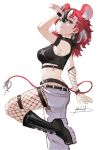  1girl animal_ears asymmetrical_clothes black_boots black_hair black_shirt blue_eyes boots breasts closed_mouth crop_top earrings fishnet_pantyhose fishnets hakos_baelz hakos_baelz_(monochrome_dancer) highres hololive hololive_english jewelry large_breasts mouse_ears mouse_girl mouse_tail multicolored_hair navel pants pantyhose pantyhose_under_pants red_hair shadelett shirt simple_background single_pantsleg smile solo standing standing_on_one_leg tail virtual_youtuber white_background white_hair white_pants wristband 