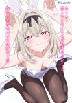 1girl aachan_(aacyanchi) alternate_costume animal_ears black_hairband blush breasts brown_hair brown_pantyhose cleavage closed_mouth commentary_request fake_animal_ears from_above hair_between_eyes hairband hands_up highres leotard looking_at_viewer medium_breasts medium_hair meitantei_precure! moria_luluka pantyhose pink_eyes playboy_bunny precure rabbit_ears shoes simple_background smile solo translation_request twitter_username white_background white_leotard white_shoes 