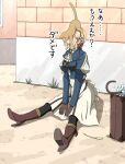  1girl animal_on_head ascot black_pantyhose blonde_hair blue_jacket boots braid braided_bun briefcase brooch brown_boots brown_gloves cat cat_on_face cat_teaser commentary dress gem gloves green_gem hair_bun hair_ribbon high_heel_boots high_heels highres jacket jewelry juliet_sleeves long_sleeves medium_dress omachi_(slabco) on_head outdoors pantyhose parasol puffy_sleeves red_ribbon ribbon sitting solo suitcase translated umbrella violet_evergarden violet_evergarden_(series) white_ascot white_dress 
