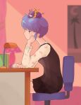  1girl animal_on_head bandana bandana_around_neck black_dress blue_hair brown_eyes chair crescent desk desk_lamp dress from_side hand_up highres indoors lamp moon mychi_drawings office_chair on_head p-chan_(ranma_1/2) pig poster_(object) ranma_1/2 sash short_hair sitting swivel_chair tendou_akane yellow_bandana yellow_sash 