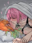  2girls alternate_costume bed blanket blush breasts commentary couple cuddling english_commentary gradient_hair green_hair grey_background head_on_pillow highres hololive hololive_english jasper_xandros large_breasts long_hair lying mori_calliope multicolored_hair multiple_girls open_mouth orange_hair pillow pink_hair purple_eyes shared_bed shared_blanket simple_background smile steam steaming_body sweat takanashi_kiara under_covers very_sweaty virtual_youtuber yuri 