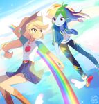  2girls animification antenna_hair applejack applejack_(equestria_girls) belt black_leggings blonde_hair blue_hoodie blue_skin blue_skirt boots brown_boots cloud colored_skin commentary_request cowboy_boots cowboy_hat cutie_mark cutie_mark_print denim denim_skirt equestria_girls:_better_together eye_contact floating_hair flying freckles green_eyes hat highres holding_hands hood hoodie jewelry leggings long_hair looking_at_another low-tied_long_hair multicolored_hair multiple_girls my_little_pony my_little_pony:_equestria_girls my_little_pony:_friendship_is_magic necklace official_alternate_costume open_clothes open_hoodie orange_skin rainbow rainbow_dash rainbow_dash_(equestria_girls) rainbow_hair red_eyes ryuu_(ryuraconis) shirt skirt sky smile white_shirt winged_boots winged_shoes wristband yuri 