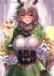  1girl animal_ears blush bra_visible_through_clothes braid breasts brown_eyes brown_hair buttons cherry curtains dress eyebrows_visible_through_hair food frilled_sleeves frills fruit green_dress highres horse_ears horse_girl kawai kiwi_slice large_breasts long_hair looking_at_viewer open_mouth parfait pineapple satono_diamond_(umamusume) sleeves_past_fingers sleeves_past_wrists solo spoon tongue tongue_out umamusume upper_body utensil_in_mouth wide_sleeves window 