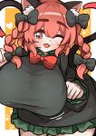  1girl ;3 ;d absurdres animal_ears bent_over black_bow black_dress blush border bow bowtie braid breasts cat_ears cat_girl cat_tail commentary commentayr dress fangs hair_bow heart highres huge_breasts kaenbyou_rin kkfri_2525 looking_at_viewer multiple_tails one_eye_closed open_mouth orange_background red_bow red_bowtie red_eyes red_hair side_braids smile solo tail touhou twin_braids two_tails white_border 