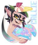  1girl :d bare_shoulders black_hair bow-shaped_hair breasts callie_(splatoon) character_name cleavage collarbone commentary_request cross-shaped_pupils dress fangs food food_on_head fruit gradient_hair hair_ornament holding inkling isamu-ki_(yuuki) lemon lemon_slice long_hair looking_at_viewer mole mole_under_eye multicolored_hair object_on_head open_mouth pointy_ears short_eyebrows simple_background smile solo splatoon_(series) strapless strapless_dress suction_cups sushi symbol-shaped_pupils teeth tentacle_hair tentacles thick_eyebrows upper_body white_background yellow_eyes zipper zipper_pull_tab 