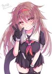  1girl absurdres ahoge artist_name asymmetrical_clothes black_serafuku blush breasts brown_eyes brown_hair commentary_request gloves hair_between_eyes hair_flaps hairband highres hizaka kantai_collection long_hair looking_at_viewer neckerchief one-hour_drawing_challenge orange_hairband pleated_skirt red_hairband red_neckerchief sailor_collar school_uniform serafuku shiratsuyu_(kancolle) shiratsuyu_kai_ni_(kancolle) signature skirt smile twitter_username v whistle whistle_around_neck white_background 