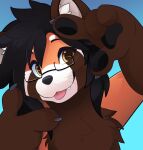 4_fingers ailurid anthro black_eyebrows black_hair black_nose black_pawpads blep brown_body brown_fur claws colored cute_fangs digital_drawing_(artwork) digital_media_(artwork) eyebrows eyewear eyewear_only fangs feve fingers fur glasses glasses_only grey_claws hair hi_res inner_ear_fluff looking_at_viewer male mammal markings medium_hair nude orange_body orange_fur pawpads red_panda shaded simple_background smile solo teeth tongue tongue_out tuft wearing_glasses whiskers white_markings yellow_eyes