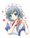  1girl apron black_hair blue_eyes bow bowtie commentary_request frilled_apron frills fu_hua hair_bow heart heart_hands highres honkai_(series) honkai_impact_3rd long_hair looking_at_viewer maid maid_apron maid_headdress mon_momu painting_(medium) pink_bow pink_bowtie ponytail simple_background solo traditional_media upper_body watercolor_(medium) white_apron white_background 