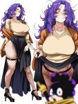  1boy 1girl absurdres black_shoes black_skirt blurry blurry_foreground boku_no_hero_academia breasts closed_mouth collarbone commentary_request convenient_censoring fishnet_pantyhose fishnets glasses highres lady_nagant large_breasts long_hair looking_at_viewer mineta_minoru multicolored_hair multiple_views one_eye_closed pantyhose purple_hair round_eyewear scar scar_across_eye scar_on_face scar_on_neck shoes simple_background skirt smile spanish_commentary standing thigh_strap two-tone_hair vlizz white_background 
