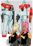  !? 2girls ? ?? absurdres assault_visor blonde_hair breasts confused dark-skinned_female dark_skin gm_(mobile_suit) goru_(glty07) green_visor gundam highres holding holding_weapon large_breasts looking_at_viewer looking_to_the_side looking_up mecha mecha_focus military_uniform mobile_suit multiple_girls pink_hair robot sanpaku science_fiction shield speech_bubble standing sweat sweatdrop weapon zeon 