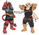 2025 anthro arcanine armpit_hair bell body_hair bottomwear clothing djtaka duo english_text facial_piercing generation_1_pokemon generation_7_pokemon gesture hand_gesture heart_symbol hi_res incineroar looking_at_viewer male male/male middle_finger muscular muscular_anthro muscular_male nintendo nose_piercing nose_ring pants pecs piercing pokemon pokemon_(species) raised_arms retweet_goal ring_piercing shirt short slightly_chubby slightly_chubby_anthro slightly_chubby_male standing tail tank_top text topwear