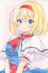  1girl alice_margatroid blonde_hair blue_dress blue_eyes blush capelet closed_mouth commentary dress hairband highres looking_at_viewer puffy_short_sleeves puffy_sleeves red_hairband red_sash sash short_sleeves smile solo touhou traditional_media upper_body waist_sash watermark white_capelet yuiki_(cube) 