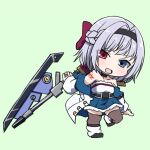  1girl arm_at_side arm_tattoo assault_lily bare_shoulders black_choker black_hairband black_shoes blue_eyes blue_skirt blush bow braid brown_thighhighs chibi choker collarbone full_body grey_hair gumoyu hair_bow hair_intakes hairband half_up_braid hand_up herensuge_girls_academy_school_uniform heterochromia holding holding_behind_back holding_weapon holding_weapon_behind_back jacket jewelry leg_up leg_warmers looking_at_viewer medium_hair miniskirt off_shoulder open_clothes open_jacket open_mouth outstretched_arm pink_eyes pleated_skirt red_bow ring school_uniform shirt shoes skirt solo standing standing_on_one_leg strapless strapless_shirt tattoo thighhighs torii_miho underbust weapon white_jacket white_leg_warmers white_shirt zettai_ryouiki 