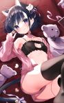  1girl :q animal_ear_fluff animal_ears bangs bear_hair_ornament bed_sheet black_bra black_choker black_hair black_legwear black_panties blue_eyes blush bra candy cat_ears chocolate choker closed_mouth collarbone commentary_request eyebrows_visible_through_hair feet_out_of_frame food futaba_miwa hair_ornament hand_up heart heart-shaped_chocolate holding holding_food jacket long_sleeves looking_at_viewer lying on_back open_clothes open_jacket original panties pink_jacket pink_shorts puffy_long_sleeves puffy_sleeves short_shorts shorts sleeves_past_wrists smile solo stuffed_animal stuffed_toy teddy_bear thighhighs tongue tongue_out underwear upshorts 
