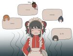  1boy 1other 3girls black_hair brother_and_sister clock commentary_request dante_(limbus_company) double_bun hair_bun highres hong_lu_(project_moon) ishmael_(project_moon) jersey_maid jia_xichun_(project_moon) korean_commentary limbus_company maid misg1111 multicolored_hair multiple_girls orange_hair project_moon red_eyes red_track_suit ryoshu_(project_moon) siblings spoken_character streaked_hair track_suit tray unconventional_maid 