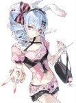 1girl animal_ears arms_up bag breasts character_request copyright_request criss-cross_straps dated frilled_pajamas frills from_above hair_between_eyes hair_ribbon handbag highres konosekaino920 looking_at_viewer midriff navel pajamas pink_pajamas ponytail rabbit_ears ribbon ringlets side_ponytail sidelocks signature simple_background small_breasts solo upper_body v white_background 