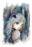  1girl black_bodysuit black_hair blue_eyes bodysuit commentary_request fu_hua fu_hua_(shadow_knight) hair_ornament highres honkai_(series) honkai_impact_3rd long_hair looking_at_viewer mon_momu painting_(medium) ponytail solo traditional_media upper_body watercolor_(medium) white_background 