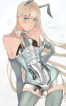  1girl ? absurdres android animal_ears bare_shoulders blonde_hair blue_eyes commentary_request ecomoesty ei_chan_(endless_overhaul) elbow_gloves endless_overhaul exposed_internal_machinery flat_chest gloves green_gloves green_leotard green_thighhighs highres leotard long_hair looking_at_viewer mechabare multicolored_eyes playboy_bunny rabbit_ears see-through_clothes see-through_leotard solo spoken_question_mark standing thighhighs 