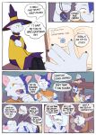 2025 absurd_res anthro biped book cape claws clip_studio_paint_(artwork) clothing comic dialogue digital_media_(artwork) domestic_cat eating_object english_text felid feline felis hat headgear headwear hi_res holding_stomach hoodie lionel_(martindosent) lynn_(martindosent) magic_item male mammal martindosent mouse murid murine notes paws rodent speech_bubble text thought_bubble topwear wizard_hat yellow_eyes
