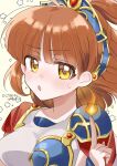  1girl :o arle_nadja armor blue_hairband blunt_bangs blush breasts brown_hair cape commentary_request fire hairband half_updo highres index_finger_raised looking_at_viewer madou_monogatari magic medium_breasts medium_hair open_mouth pauldrons ponytail puyopuyo pyrokinesis red_cape shihiro_(ro_ro_sh) shirt shoulder_armor simple_background solo star_(symbol) sweatdrop upper_body white_background white_shirt yellow_background yellow_eyes 
