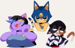 2025 :< animal_crossing ankha_(animal_crossing) anthro beanie big_breasts black_hair blep blue_eyeliner blue_hair bob_cut breasts calico_cat catty_cattenheimer cleavage clothed clothing digital_drawing_(artwork) digital_media_(artwork) domestic_cat ear_piercing ear_ring ear_stud epic_games eyelashes eyeliner fangs felid feline felis female fortnite frown fur glare glaring_at_viewer grey_background group hair hand_on_cheek hat headgear headwear hi_res lidded_eyes looking_at_viewer makeup mammal markings mascara meow_skulls narrowed_eyes nintendo one_eye_closed overalls oversized_sleeves overweight overweight_anthro overweight_female piercing playful purple_body ring_piercing shirt short_hair simple_background smile stare striped_markings striped_tail stripes tail tail_markings teeth tongue tongue_out topwear trio undertale_(series) uraeus valkenite wink yellow_eyes yellow_sclera