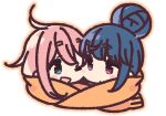  2girls ;d ahoge bangs blue_eyes blue_hair blush_stickers cheek-to-cheek chibi cropped_shoulders dark_blue_hair eye_contact eyebrows eyebrows_visible_through_hair fringe_trim from_side gradient_eyes hair_between_eyes heads_together heart jaggy_lines kagamihara_nadeshiko looking_at_another looking_to_the_side multicolored_eyes multiple_girls no_nose one_eye_closed open_mouth orange_outline orange_scarf outline pink_hair portrait purple_eyes scarf shared_scarf shima_rin side-by-side simple_background smile swept_bangs tareme white_background yoru_nai yurucamp 