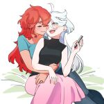  2girls black_shirt blue_shirt blush cellphone closed_eyes closed_mouth commentary_request grey_eyes gundam gundam_suisei_no_majo holding holding_phone hug hug_from_behind jewelry long_hair miorine_rembran multiple_girls one_eye_closed open_mouth phone pink_skirt red_hair ring shirop_imas shirt simple_background skirt smartphone smile suletta_mercury thick_eyebrows wedding_ring white_background white_hair wife_and_wife yuri 