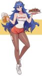  1girl alcohol alternate_breast_size_(larger) alternate_costume bare_arms beer beer_mug blue_eyes blue_hair bone brand_of_the_exalt breasts brown_pantyhose chicken_(food) chicken_wing collarbone commission contemporary cup fire_emblem fire_emblem_awakening food hair_between_eyes highres holding holding_cup holding_plate hooters large_breasts looking_at_viewer lucina_(fire_emblem) mug oninuer orange_shorts pantyhose pantyhose_under_shorts plate shirt shoes short_hair shorts sleeveless sleeveless_shirt sneakers solo tank_top torn_clothes torn_pantyhose white_background white_shirt white_shoes yellow_background 