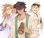  1boy 1girl 1other animification blonde_hair blue_eyes brown_hair commentary curly_hair disventure_camp earrings eyewear_on_head facial_hair finn_alcott fur_trim glasses hair_over_eyes highres io_220033 jacket jewelry looking_at_viewer mustache oliwia_morawska overalls purple_sweater ren_moraga shirt straight_hair sweater white_background 
