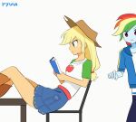  2girls animated animated_gif animification antenna_hair apple_print applejack applejack_(equestria_girls) blonde_hair blue_jacket blue_leggings blue_skin blue_skirt book boots brown_boots brown_hat chair clothes_theft clueless colored_skin commentary cowboy_hat cutie_mark cutie_mark_print denim denim_skirt equestria_girls:_better_together flat_color food_print freckles fruit_print green_eyes hat holding holding_book jacket leggings long_hair low-tied_long_hair multicolored_hair multiple_girls my_little_pony my_little_pony:_equestria_girls my_little_pony:_friendship_is_magic official_alternate_costume open_clothes open_jacket orange_skin profile rainbow_dash rainbow_dash_(equestria_girls) rainbow_hair reading reclining red_eyes ryuu_(ryuraconis) shirt short_sleeves simple_background skirt table theft white_background white_shirt wristband 