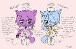  2boys ;d angel angel_wings animal_nose arrow_(symbol) ayase_mayoi bandaged_arm bandaged_leg bandages bandaid bandaid_on_knee bandaid_on_leg black_ribbon blue_fur blue_hair braid cat_boy character_name character_profile chibi commentary cross crossdressing crossdressing_(mtf) dress english_text ensemble_stars! fang full_body furrification furry furry_male hair_between_eyes hair_intakes hair_ribbon halo hand_up hat invisible_floor kneehighs long_hair looking_at_another looking_at_viewer looking_to_the_side male_focus minnieeeworld multiple_boys neck_ribbon no_shoes nurse nurse_cap one_eye_closed pink_background pink_dress purple_fur purple_hair ribbon sentient_stuffed_toy short_sleeves signature simple_background single_braid single_kneehigh single_sock skin_fang smile socks standing tojo_kaname untranslatable_commentary white_halo white_socks white_wings wings yellow_dress yellow_eyes 