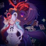  1girl asymmetrical_bangs blue_sleeves blush bracelet closed_eyes commentary cowboy_shot dress english_commentary facing_viewer grin hair_rings headphones highres jewelry long_hair looking_at_viewer multicolored_hair multiple_views musical_note neck_ribbon one_piece one_piece_film:_red purple_eyes red_hair ribbon saterise single_sleeve smile straight-on two-tone_hair upper_body uta_(one_piece) white_dress white_hair 