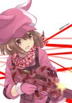  1girl ammunition_pouch artist_name bandana brown_hair camouflage_bandana child commentary_request double-parted_bangs firing gloves hair_between_eyes hat highres jacket jun_(rellik_&amp;_redrum) laser llenn_(sao) looking_ahead medium_hair open_mouth p-chan_(p90) pink_bandana pink_eyes pink_gloves pink_hat pink_jacket pouch red_bandana sidelocks simple_background solo sword_art_online sword_art_online_alternative:_gun_gale_online three-quarter_sleeves two-tone_bandana upper_body white_background 
