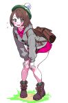  1girl :d backpack bag bare_legs blush bob_cut boots breasts bright_pupils brown_bag brown_boots brown_eyes brown_hair cable_knit cardigan collarbone commentary_request dot_nose dress flying_sweatdrops full_body gloria_(pokemon) green_hat green_socks grey_cardigan hands_on_own_knees hat highres hood hooded_cardigan knees_together_feet_apart leaning_forward long_sleeves looking_at_viewer open_mouth pigeon-toed pink_dress plaid_clothes plaid_socks pokemon pokemon_sword_and_shield short_hair simple_background small_breasts small_sweatdrop smile socks solo standing swept_bangs tam_o'_shanter white_background yaki_apple 