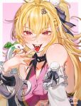  1girl ahoge bare_shoulders blonde_hair blush border breasts chalky_(zenless_zone_zero) cissia_(zenless_zone_zero) cleavage commentary_request detached_sleeves fangs fingernails hair_between_eyes hair_ornament hairclip hand_up highres kizumi_(kizumi_tbdi1011) large_breasts long_hair looking_at_viewer metal_wrist_cuffs open_mouth pink_background pink_nails pom_pom_(clothes) pom_pom_hair_ornament red_eyes snake tongue tongue_out underboob upper_body white_border white_snake zenless_zone_zero 