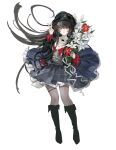  1girl alternate_costume black_boots black_hair black_hat black_jacket blue_skirt boots bouquet bright_pupils chisa_(wuthering_waves) clothes_lift floating_hair flower full_body grey_pantyhose grey_shirt hands_up hat highres holding holding_bouquet jacket jewelry knee_boots legs_apart long_hair looking_at_viewer miniskirt necklace pantyhose parted_lips qianwei_yuanqing red_eyes red_flower ring shirt skirt skirt_lift solo standing thigh_strap v very_long_hair white_background white_flower white_pupils wind wind_lift wuthering_waves 